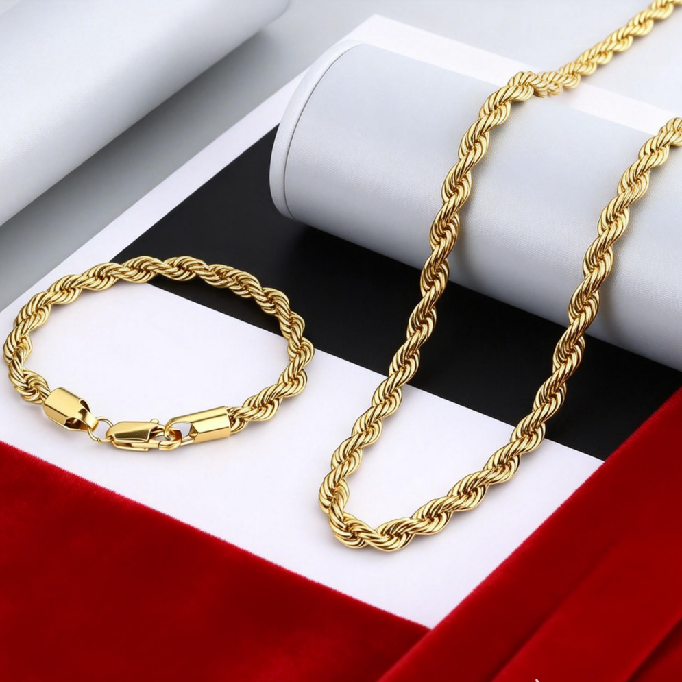 2pcs Fashion 18K Gold 4MM Twis - Men Accessories Chain And Bracelet review and price